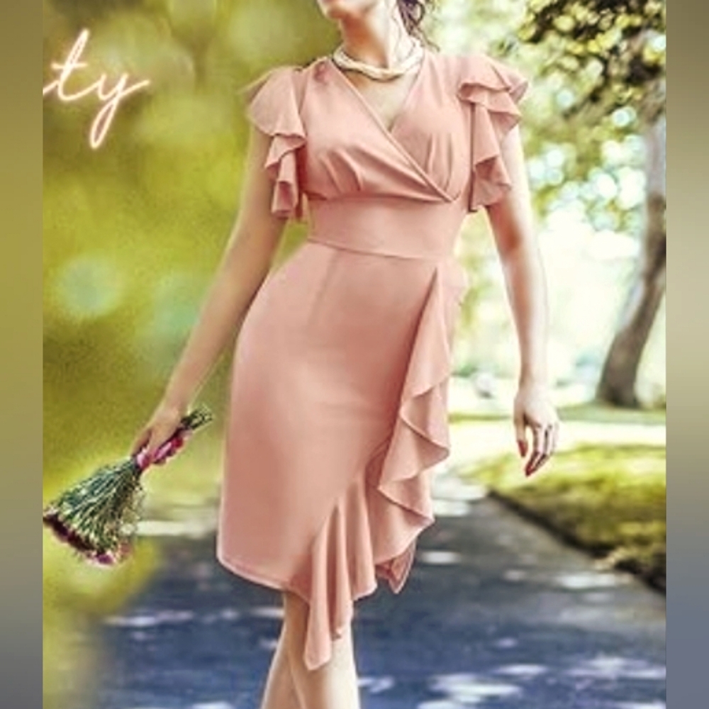 *Knitee NWT Deep-V Neck Ruffle Sleeves Cocktail Party Pencil Slit Formal Dress.